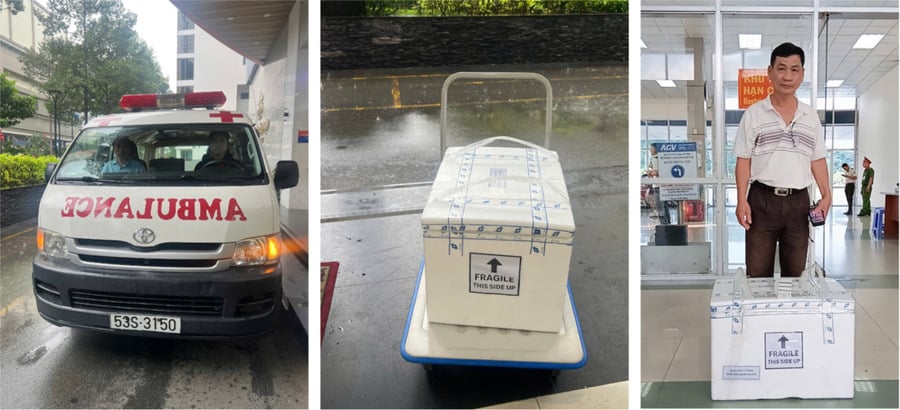 Trước đó, Bệnh viện Hùng Vương đã vận chuyển khẩn bằng đường hàng không 20 đơn vị hồng cầu lắng từ ngân hàng máu của bệnh viện gửi đến Trung tâm Quân dân Y Côn đảo, đảm bảo đủ cơ số máu cần thiết cho cuộc mổ. Ảnh: (Sở Y tế TP. Hồ Chí Minh)