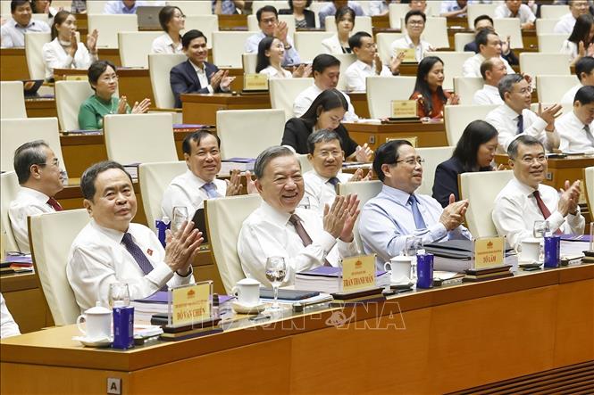 Tổng Bí thư Tô Lâm, Thủ tướng Phạm Minh Chính và Chủ tịch Quốc hội Trần Thanh Mẫn dự Hội nghị (Ảnh: TTXVN)