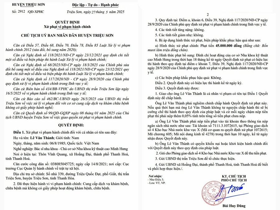Quyết định xử phạt vi phạm hành chính đối với ông Lê Văn Thành - chủ cơ sở Nha khoa Minh Hưng 