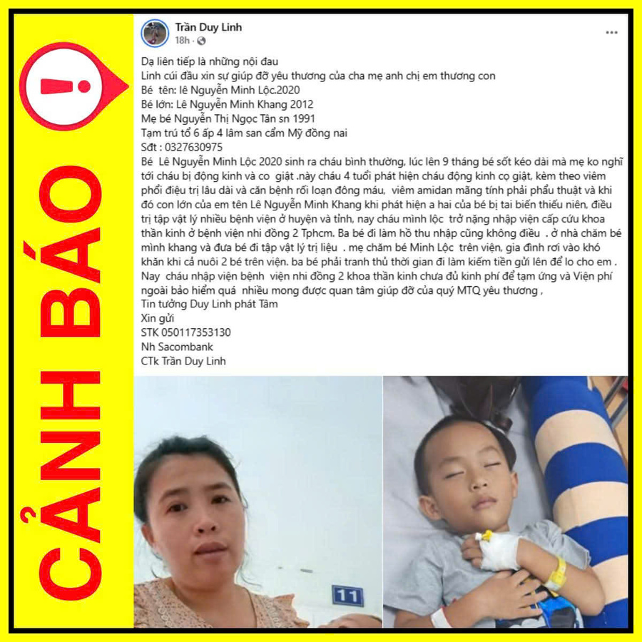 Một bài viết kêu gọi từ thiện giả mạo bệnh nhân đang điều trị tại Bệnh viện Nhi đồng 2 để kêu gọi từ thiện giả mạo