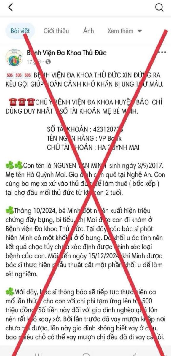 Một tài khoản facebook giả mạo “Bệnh Viện Đa Khoa Thủ Đức” kêu gọi từ thiện không có thực 