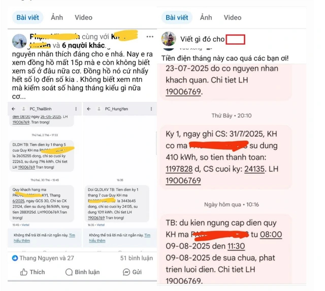 Ảnh một số bài viết đăng tải hình ảnh thông báo tiền điện trên facebook (Ảnh: Công an tỉnh Hưng Yên)