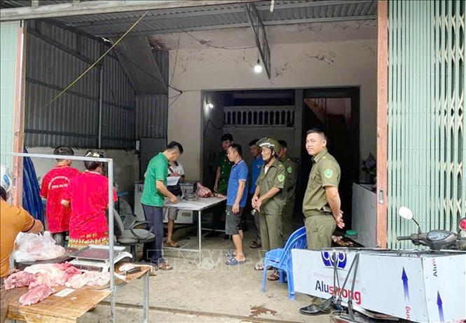 Các lực lượng chức năng xã Pa Tần tỉnh Lai Châu kiểm tra cơ sở giết mổ lợn (Ảnh: TTXVN phát)