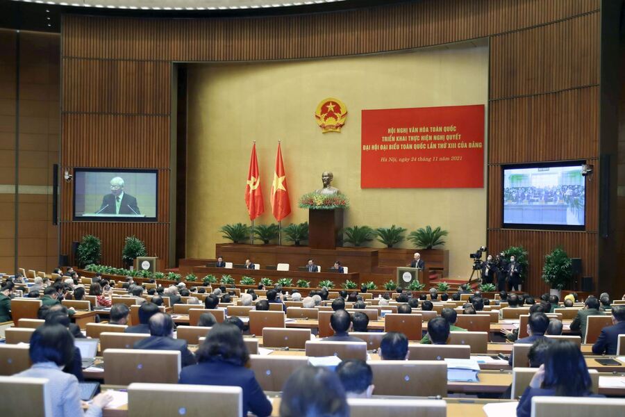 Hội nghị Văn hóa toàn quốc triển khai Nghị quyết Đại hội XIII của Đảng, tổ chức ngày 24-11-2021, đã tạo sức lan tỏa mạnh mẽ, nâng cao nhận thức trong toàn hệ thống chính trị và các tầng lớp nhân dân về vị trí, vai trò của văn hóa (Ảnh: Tuấn Minh)