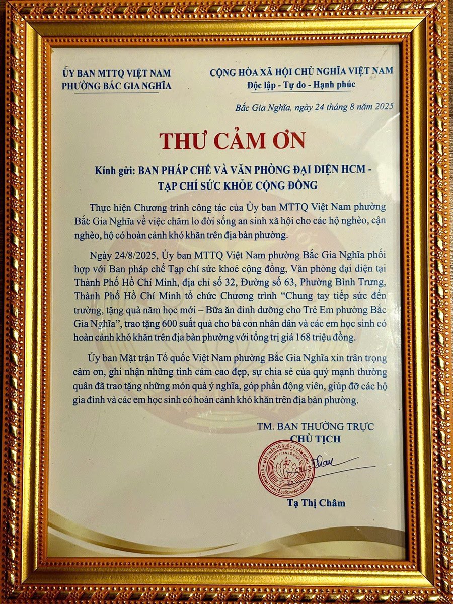 Thư cảm ơn của Uỷ ban MTTQ Việt Nam phường Bắc Gia Nghĩa tới Ban Pháp chế và Văn phòng đại diện TP. Hồ Chí Minh của Tạp chí Sức Khoẻ Cộng Đồng