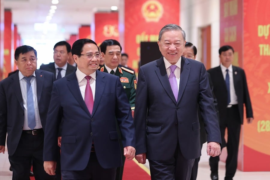 Tổng Bí thư Tô Lâm, Thủ tướng Phạm Minh Chính và các đại biểu dự Lễ kỷ niệm 80 năm thành lập Chính phủ nước Cộng hòa xã hội chủ nghĩa Việt Nam ngày 20/8/2025 (Ảnh VGP/Nhật Bắc)