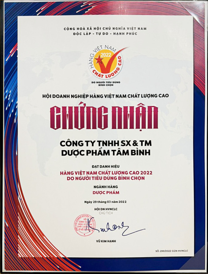 Dược phẩm Tâm Bình đạt chứng nhận Hàng Việt Nam chất lượng cao năm 2022.