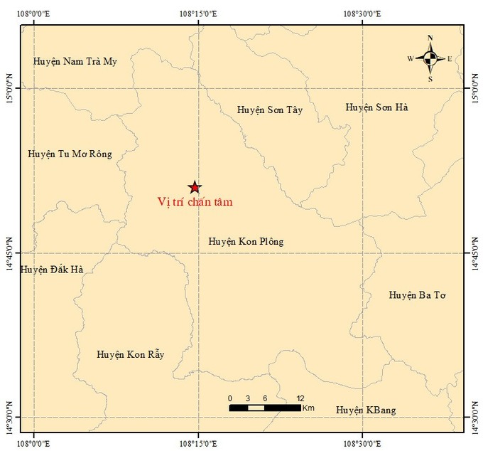 Vị trí chấn tâm ở huyện Kon Plông. Ảnh Viện Vật lý địa cầu