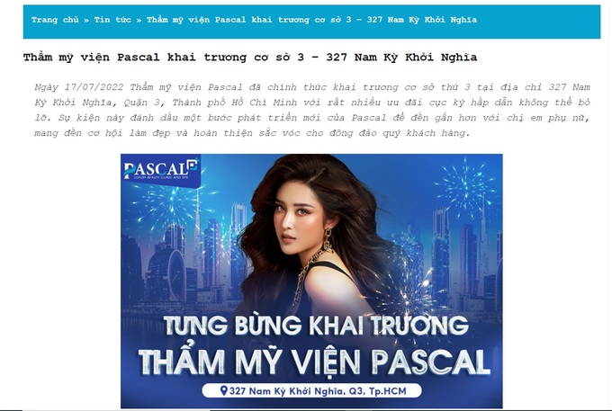 Cơ sở chăm sóc da Pascal Luxury Beauty Clinic and Spa địa chỉ tại 327 Nam Kỳ Khởi Nghĩa, Phường 4, Quận 3 được giới thiệu trên các phương tiện Internet