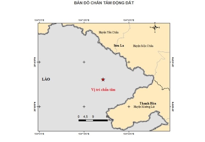 Bản đồ chấn tâm trận động đất. Ảnh: Viện Vật lý Địa cầu