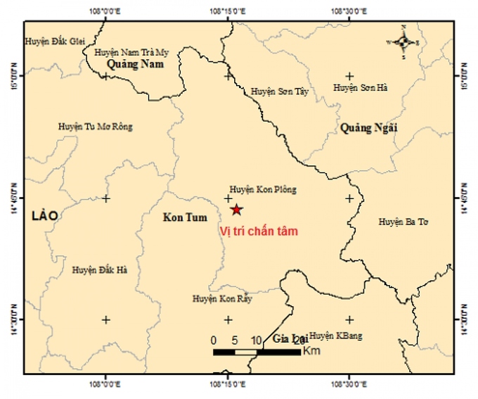 Bản đồ chấn tâm động đất. Ảnh: Viện Vật lý Địa cầu