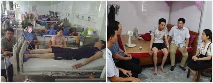 Sau khi cứu người đuối nước, anh Nguyễn Tuấn Vũ bị kiệt sức và đưa đi cấp cứu (ảnh trái). Đại diện Tổng Công ty Điện lực Miền Trung thăm hỏi, động viên anh Vũ (ảnh phải). Ảnh: VOV