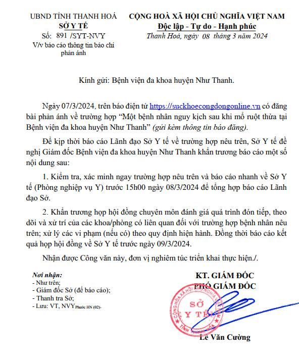 Sở Y tế Thanh Hóa yêu cầu Bệnh viện Đa khoa huyện Như Thanh báo cáo thông tin Tạp chí Sức Khỏe Cộng Đồng phản ánh
