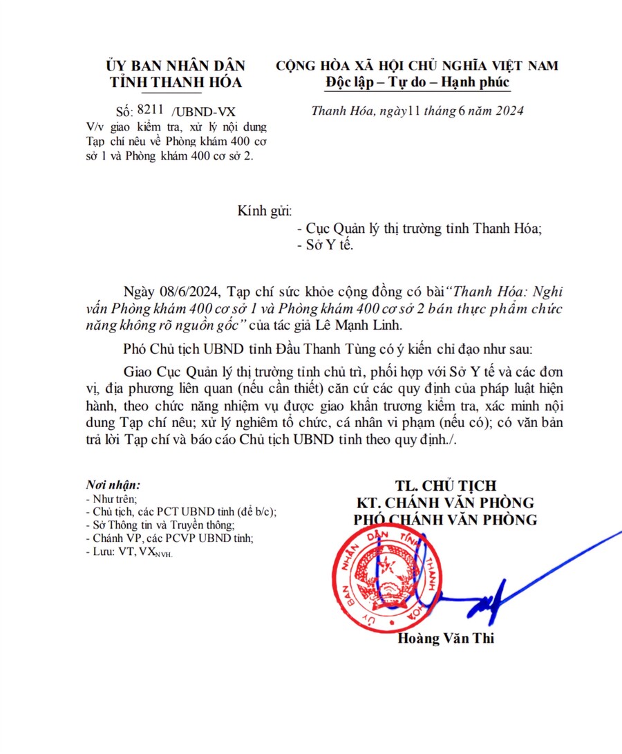 Văn bản chỉ đạo của Chủ tịch UBND tỉnh Thanh Hóa