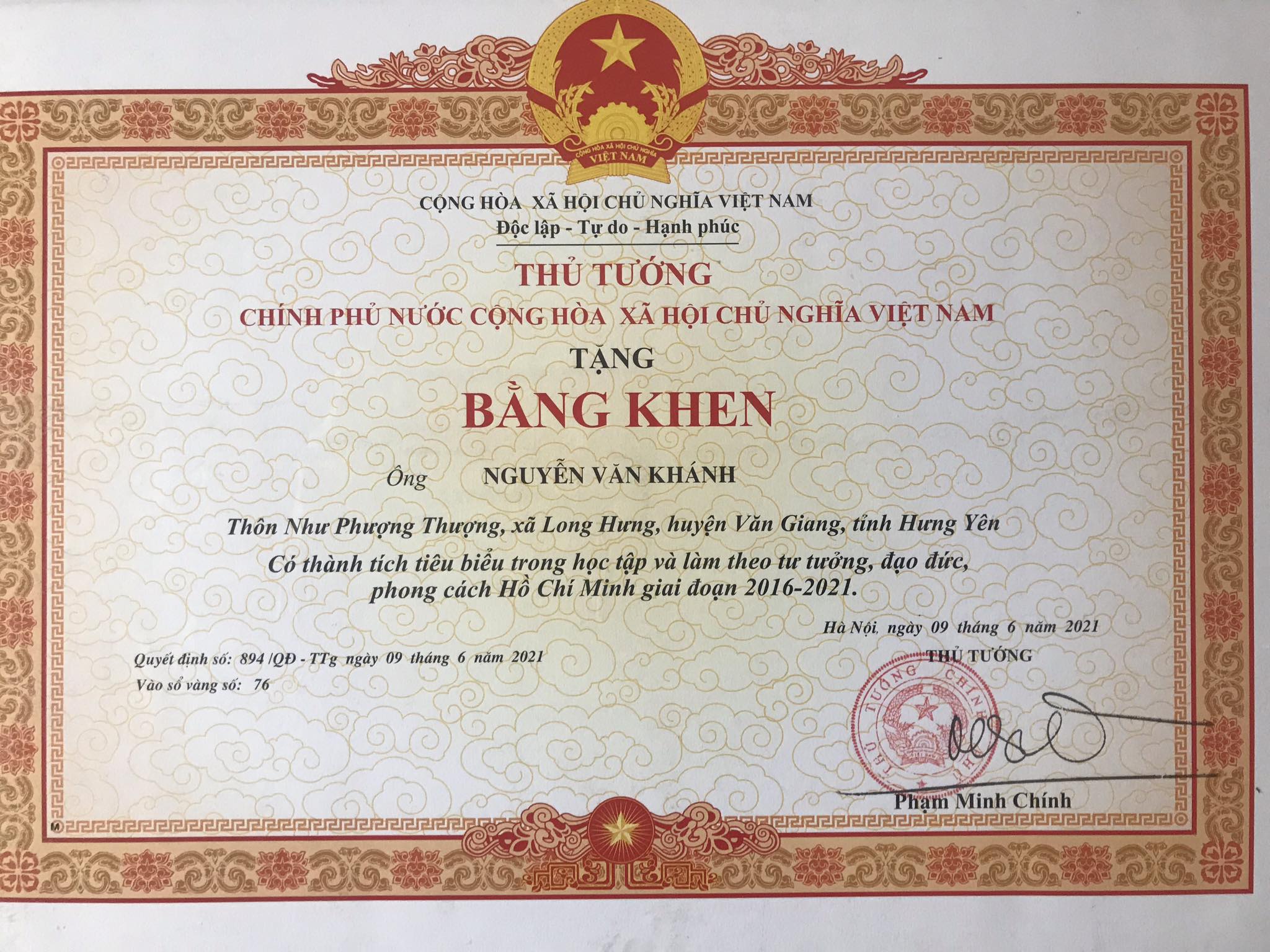 bang khen thu tuong