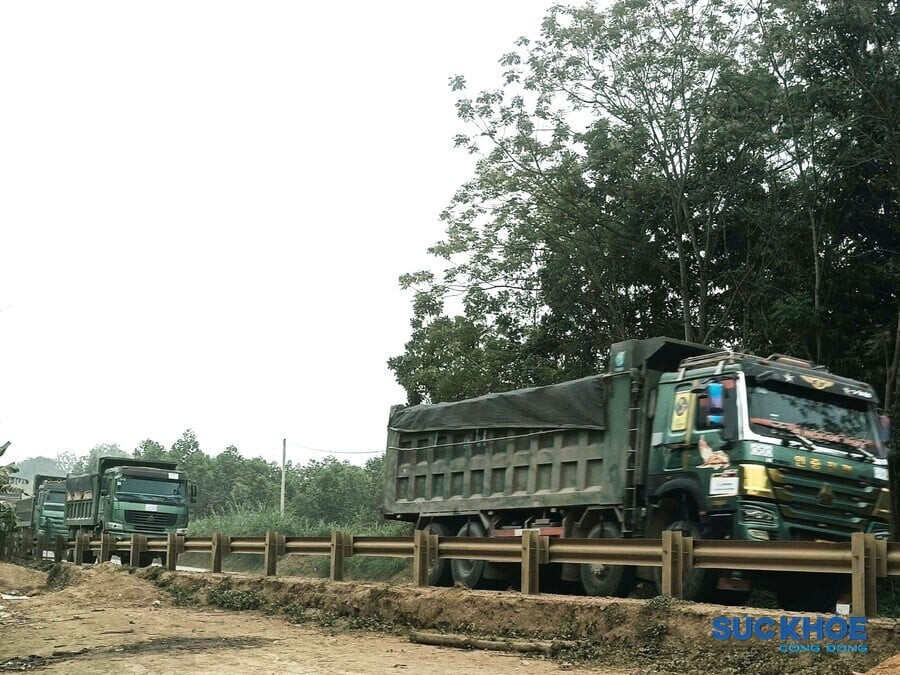 Đa phần các xe này là loại xe 3 chân, 4 chân có trọng tải lớn. Nhiều xe di chuyển theo hàng dài, nối đuôi nhau chở đất từ điểm khai thác đi tiêu thụ. 