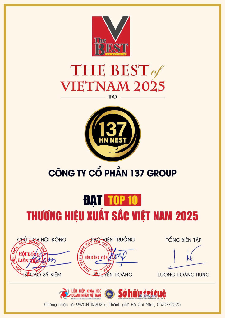 137 HN NEST đã đạt được giải thưởng Thương hiệu Xuất sắc Việt Nam 2025 cho sự nỗ lực của mình
