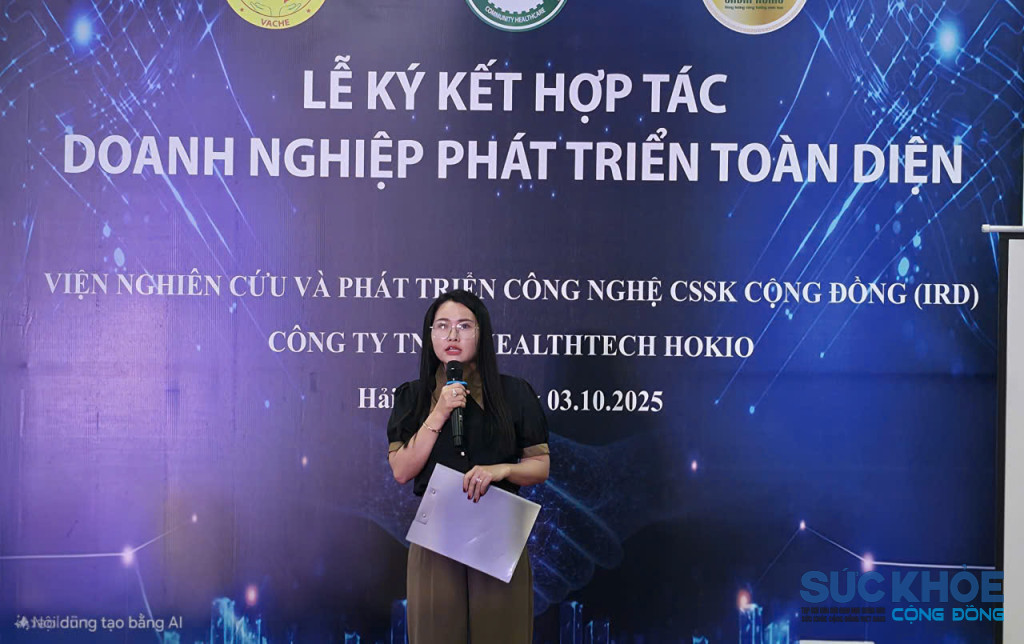 Bà Trần Thị Mừng Giám đốc Công ty TNHH Healthtech Hokio phát biểu tại buổi lễ(Ảnh – Thái Bình)