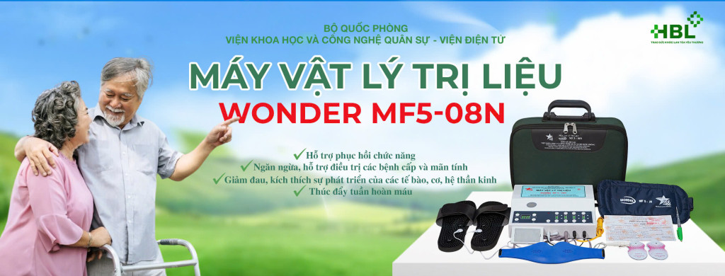 Hình ảnh máy vật lý trị liệu đa năng Wonder MF5-08 New – sản phẩm nghiên cứu và sản xuất bởi Viện Điện tử, Viện Khoa học và Công nghệ Quân sự – Bộ Quốc phòng, tích hợp 4 tác nhân trị liệu: điện xung, nhiệt hồng ngoại, laser công suất thấp và ion âm.
