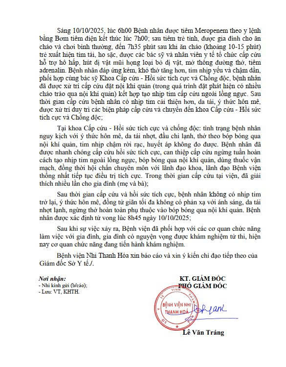 Báo cáo ban đầu từ Bệnh viện Nhi Thanh Hóa về trưởng hợp tử vong của bệnh nhi P.L.B.N