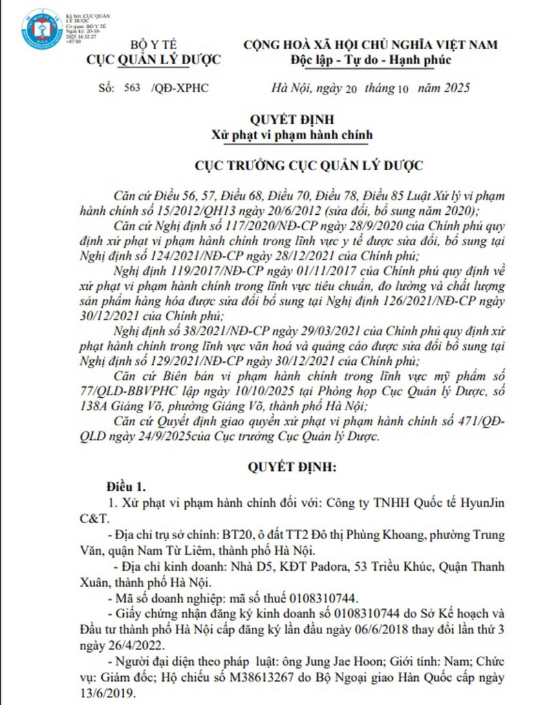 Quyết định xử phạt của Cục Quản lý Dược đối với Công ty TNHH Quốc tế HyunJin C&T (Ảnh: Cục Quản lý Dược)