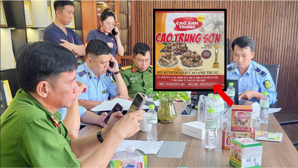 Đoàn kiểm tra Đội Quản lý thị trường số 2 tỉnh An Giang làm việc với Hộ kinh doanh CAT, nơi phát hiện hơn 21.000 sản phẩm nghi hàng giả, trong đó có sự xuất hiện của sản phẩm mang nhãn Cao Trung Sơn
