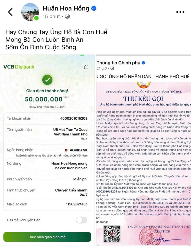 Trang Facebook của Huấn Hoa Hồng bất ngờ đăng ảnh phiếu chuyển khoản 50 triệu đồng ủng hộ người dân TP. Huế