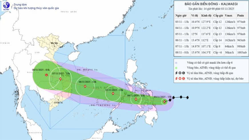 Bản đồ dự báo quỹ đạo và cường độ bão Kalmaegi phát  03/11/2025 (Ảnh:Trung tâm Khí tượng Thủy văn Quốc gia)