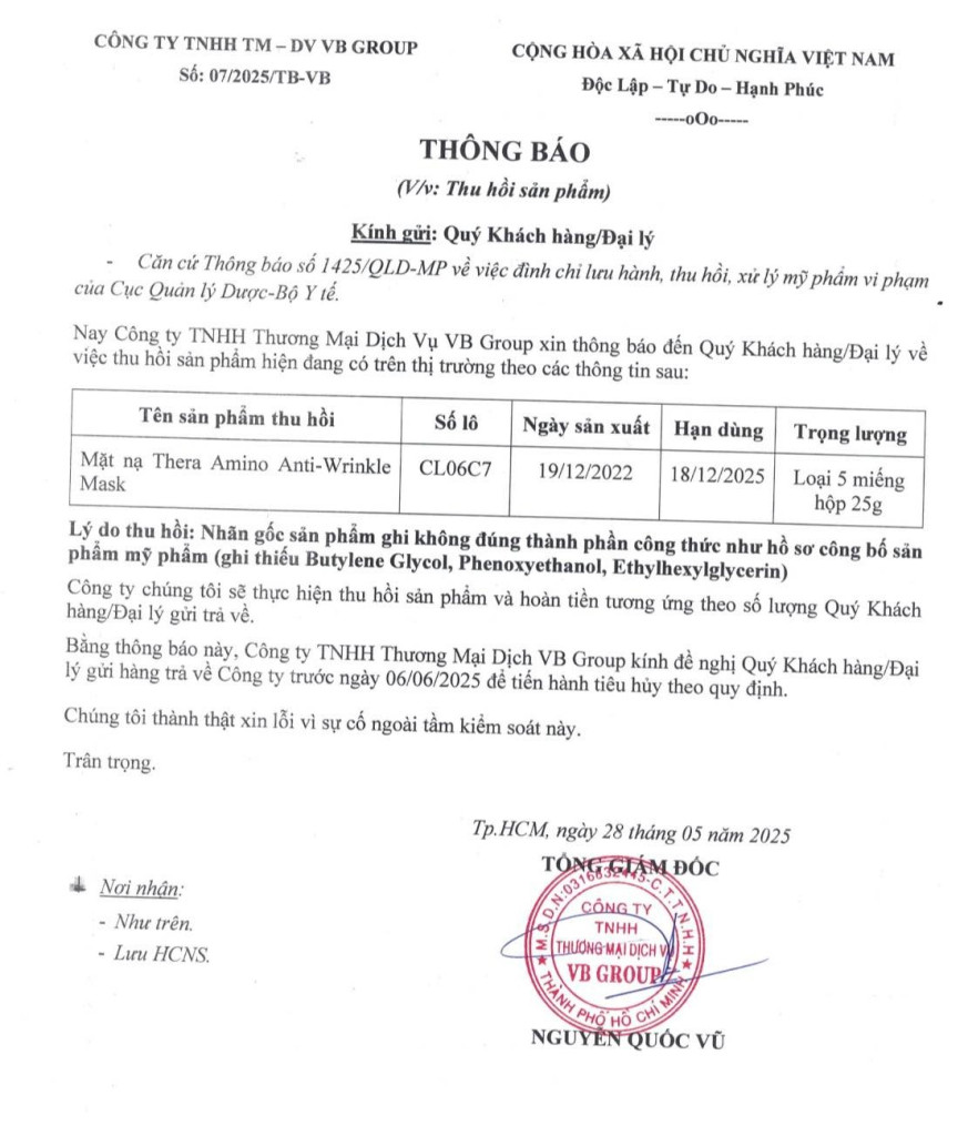 Công ty TNHH thương mại dịch vụ VB Group (do chồng Đoàn Di Băng làm Tổng giám đốc) phát đi thông báo chính thức về việc thu hồi sản phẩm Thera Amino Anti-Wrinkle Mask