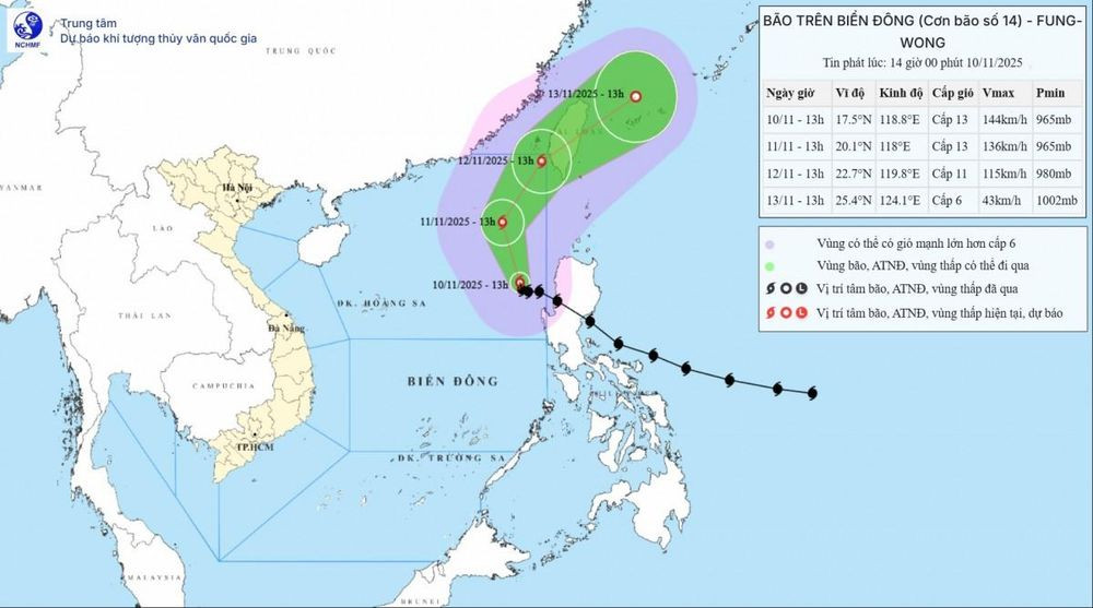 Hướng đi của bão số 14 hồi 13h ngày 10/11. Ảnh: Trung tâm Dự báo Khí tượng Thủy văn quốc gia