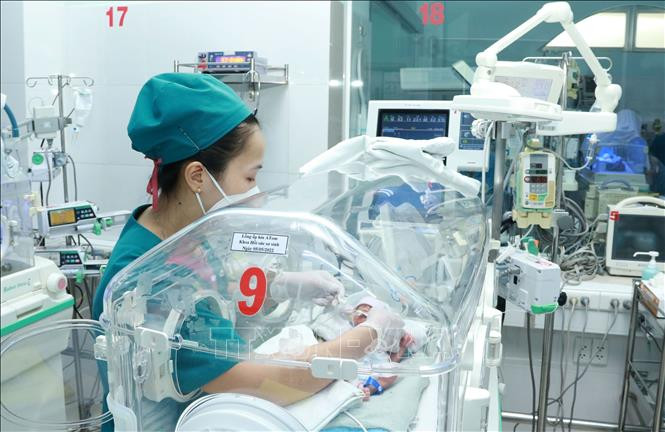 Chị Nguyễn Thị Hồng Thắm, điều dưỡng Khoa Hồi sức sơ sinh, Bệnh viện Nhi đồng 2, chăm sóc cho trẻ sơ sinh. Ảnh tư liệu: Đinh Hằng/TTXVN
