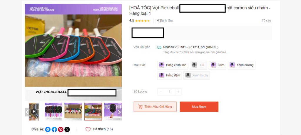 Vợt Pickleball là một trong những sản phẩm được tìm kiếm, mua bán nhiều trên các sàn TMĐT trong 9 tháng đầu năm nay (Ảnh chụp màn hình)