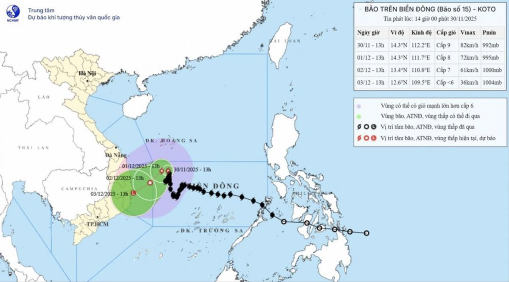 Bão số 15 giữ hướng di chuyển, tiến sát vùng biển tỉnh Gia Lai - Đắk Lắk (Ảnh: TTKTTV)