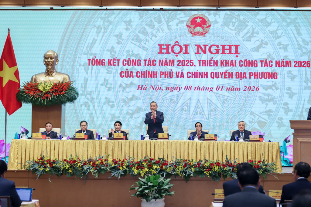 Tổng Bí thư Tô Lâm và các đồng chí lãnh đạo chủ chốt tại Hội nghị toàn quốc Chính phủ và chính quyền địa phương (Ảnh: VGP/Nhật Bắc)