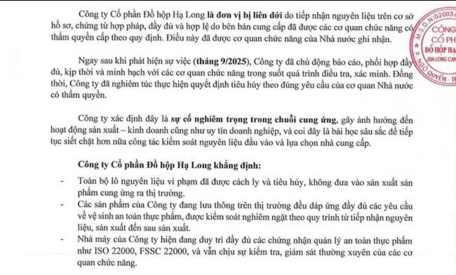 Công ty Cổ phần Đồ hộp Hạ Long khẳng định, nguyên liệu vi phạm không được đưa vào sản xuất (Ảnh: TL)