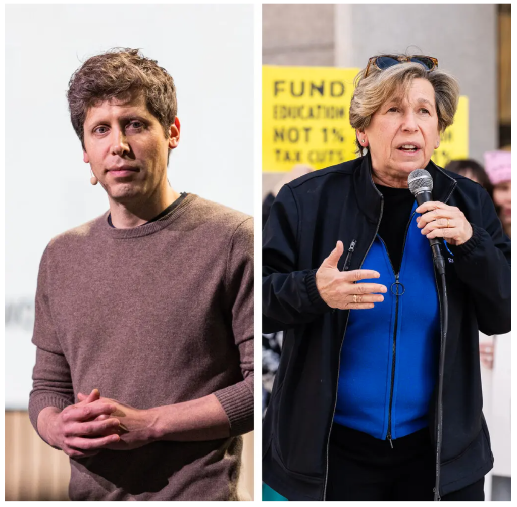 Ông Sam Altman, Giám đốc điều hành của OpenAI, và bà Randi Weingarten, chủ tịch Liên đoàn Giáo viên Mỹ, đã có cuộc gặp trao đổi về ứng dụng AI trong trường học vào năm ngoái (Ảnh: The New York Times)