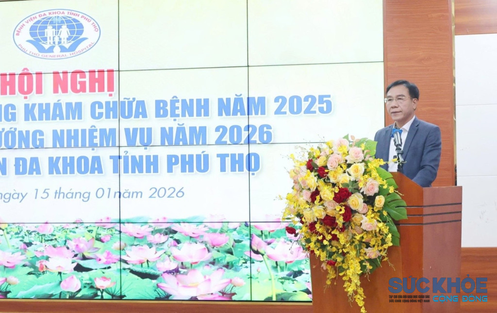 TS.BS Lê Hồng Trung – Giám đốc Sở Y tế tỉnh Phú Thọ phát biểu tại hội nghị tổng kết công tác Y tế năm 2025 Bệnh viện đa khoa tỉnh Phú Thọ ( ảnh: ĐT)
