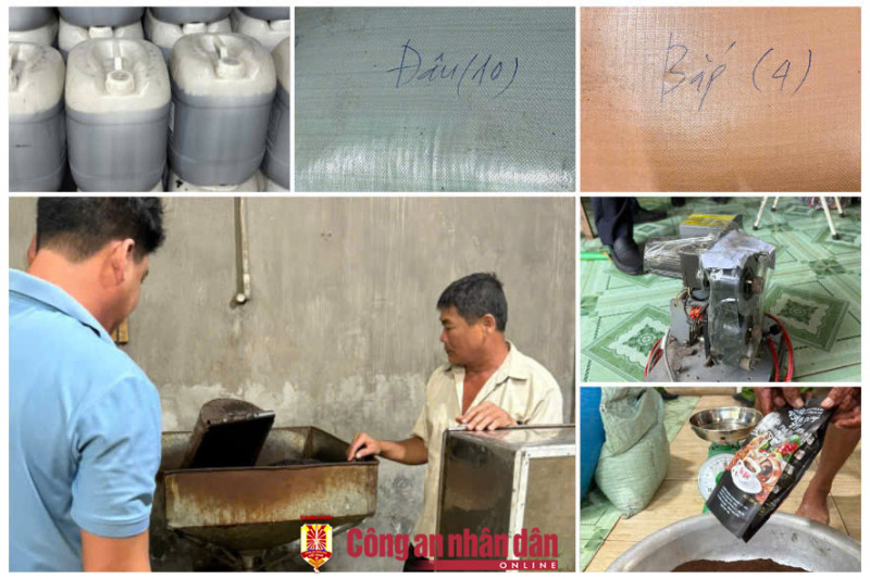 Các đối tượng sản xuất cà phê bột giả bằng đậu nành, bắp đã rang sẵn có tẩm ướp hoá chất để tạo mùi hương giống cà phê thật (Ảnh: CAND)