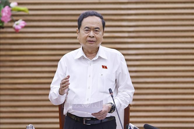 Chủ tịch Quốc hội Trần Thanh Mẫn, Chủ tịch Hội đồng Bầu cử Quốc gia phát biểu kết luận, chỉ đạo cuộc làm việc (Ảnh: TTXVN)