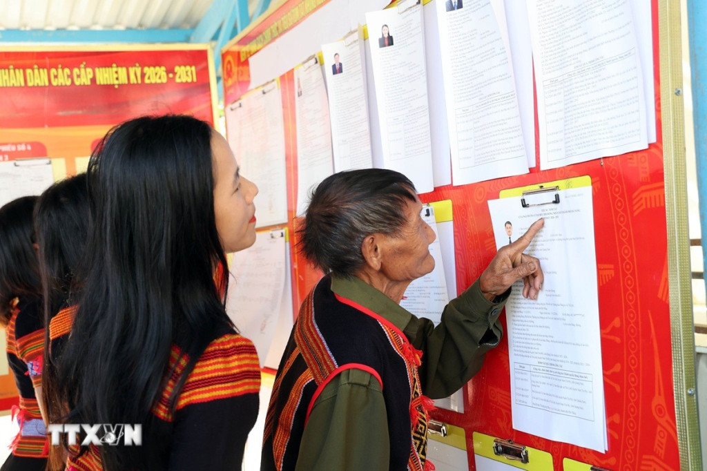 Cử tri đồng bào dân tộc thiểu số Xê Đăng, xã Trà Linh, thành phố Đà Nẵng đến điểm bầu cử tìm hiểu tiểu sử các ứng cử viên Quốc hội và HĐND. (Ảnh: Trần Tĩnh/TTXVN)
Chính trị