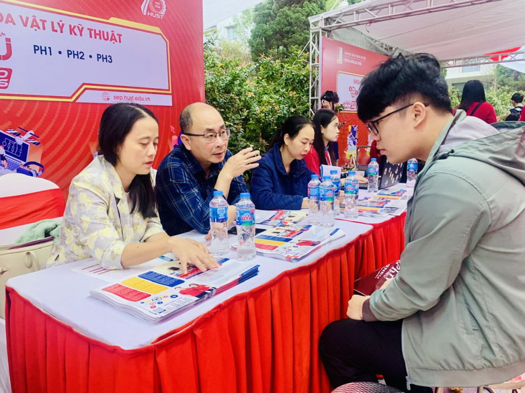 Các giảng viên Khoa Vật lỹ Kỹ thuật trao đổi với về các hướng nghiên cứu tại Khoa với học sinh (Ảnh:ĐHBK)