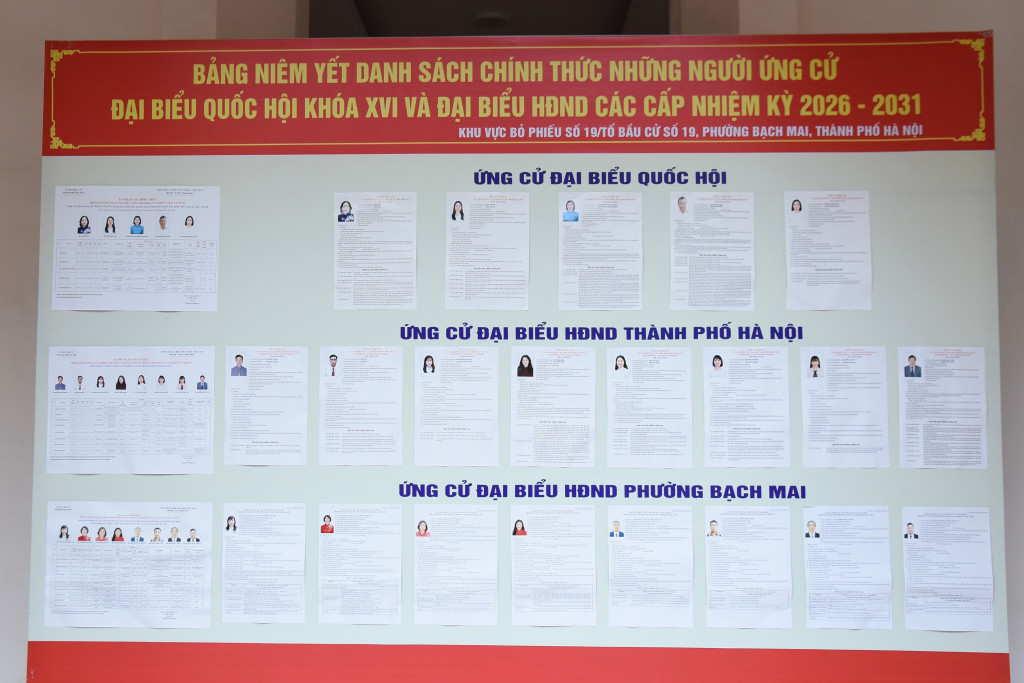Bảng niêm yết danh sách chính thức những người ứng cử đại biểu Quốc hội khóa XVI và đại biểu Hội đồng Nhân dân các cấp nhiệm kỳ 2026 - 2031 tại Khu vực bỏ phiếu số 19, phường Bạch Mai (Hà Nội) đặt tại Đại học Kinh tế Quốc dân (Ảnh: Xuân Quý)