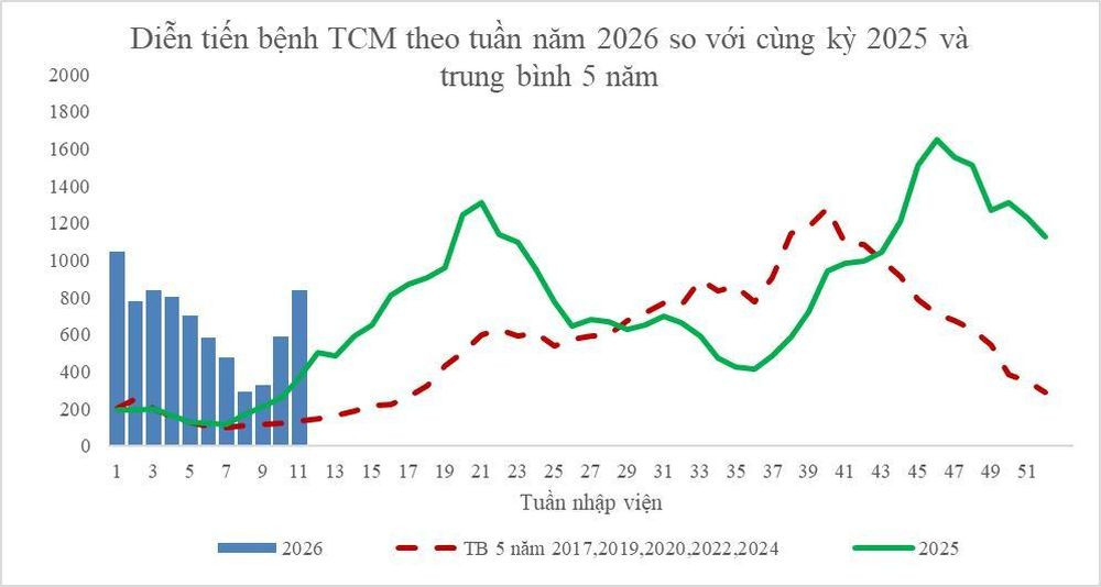 Biểu đồ diễn tiến bệnh tay chân miệng hàng tuần tại TP. Hồ Chí Minh (cập nhật đến tuần 11, ngày 9-15/3/2026)