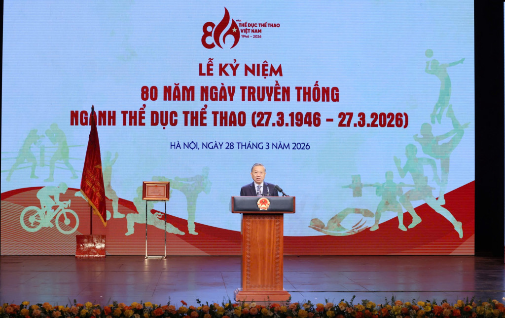 Tổng Bí thư Tô Lâm phát biểu tại Lễ kỷ niệm 80 năm Ngày truyền thống ngành Thể dục thể thao Việt Nam (Ảnh VGP/Nhật Bắc)