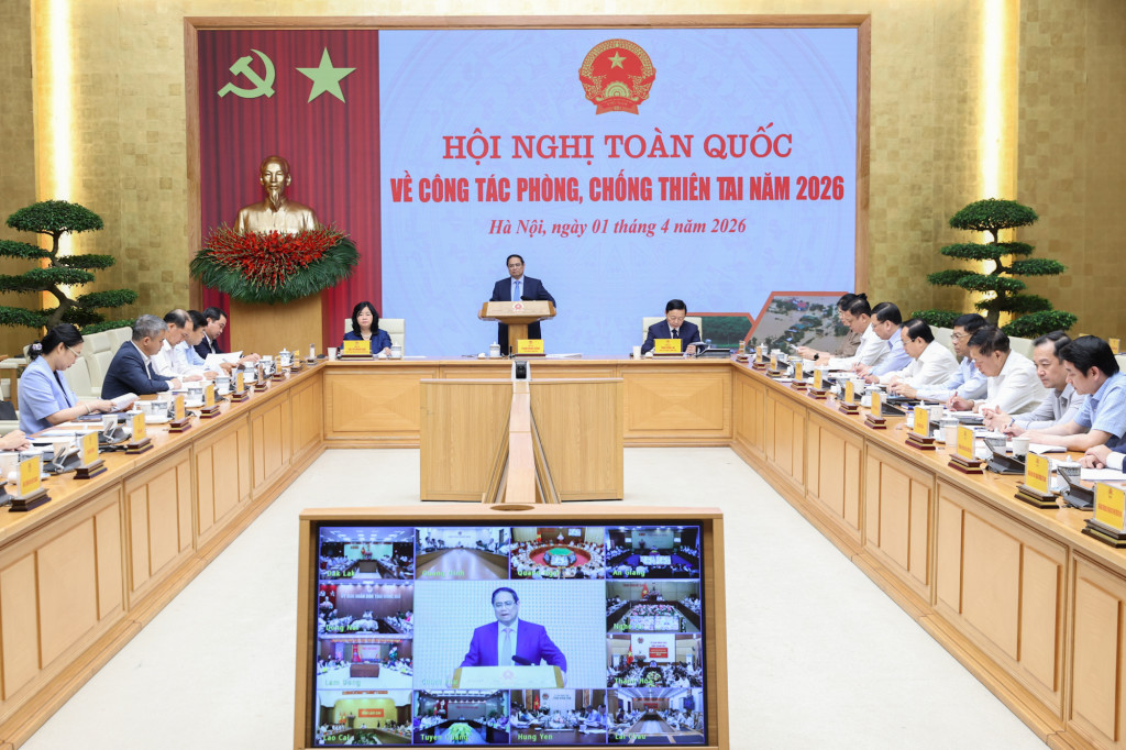 Thủ tướng Chính phủ Phạm Minh Chính, Trưởng Ban Chỉ đạo Phòng thủ dân sự quốc gia chủ trì Hội nghị toàn quốc về công tác phòng, chống thiên tai năm 2026 (Ảnh: VGP/Nhật Bắc)