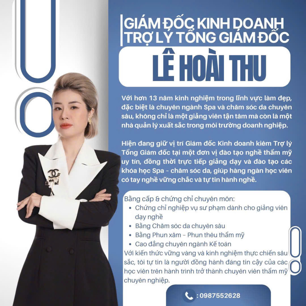 Ms. Lê Hoài Thu – Chuyên gia chăm sóc da chuyên sâu với hơn 13 năm kinh nghiệm, người kết hợp hài hòa giữa tay nghề và tư duy quản trị (Ảnh: TL)