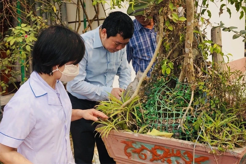 Cán bộ y tế giám sát mật độ muỗi tại một số điểm nguy cơ và ổ dịch sốt xuất huyết cũ (Ảnh: Hà Phương)