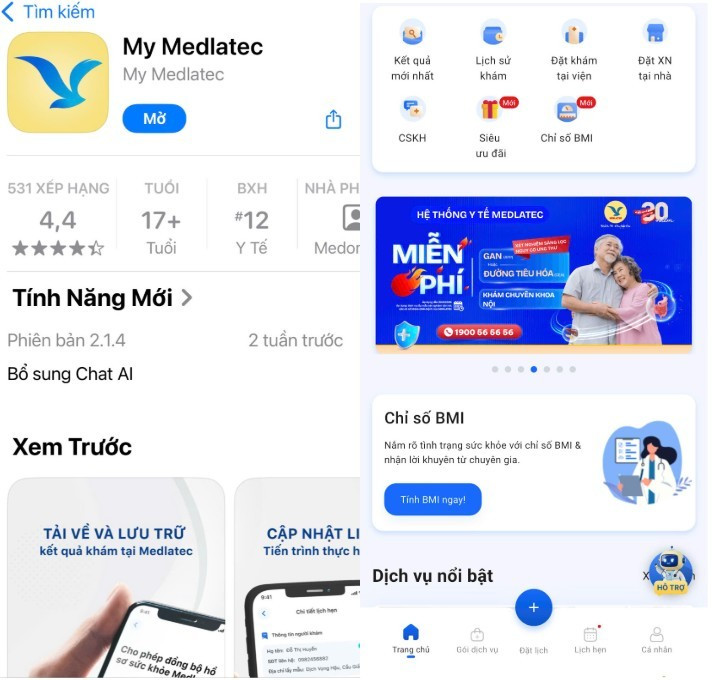 Giao diện của ứng dụng thông minh My Medlatec