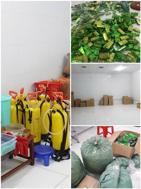 Một số dụng cụ, hóa chất dùng để sản xuất và tang vật dầu gió giả (Ảnh: CACC)