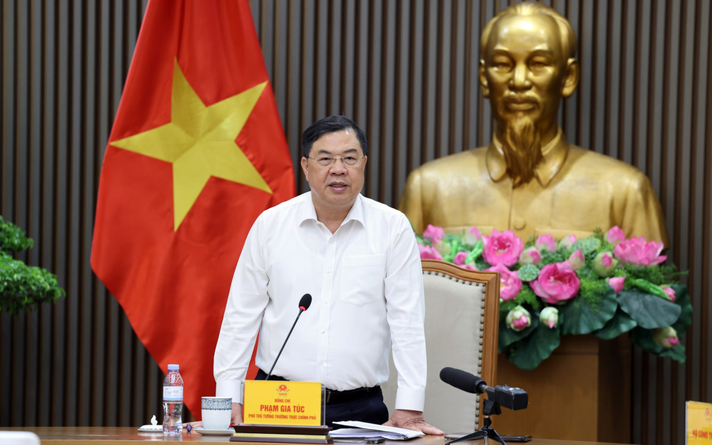 Phó Thủ tướng Thường trực Phạm Gia Túc yêu cầu bảo đảm nguồn cung, chất lượng và quyền lợi người tiêu dùng khi chuyển đổi sang xăng E10 (Ảnh: VGP/Phương Nguyên)